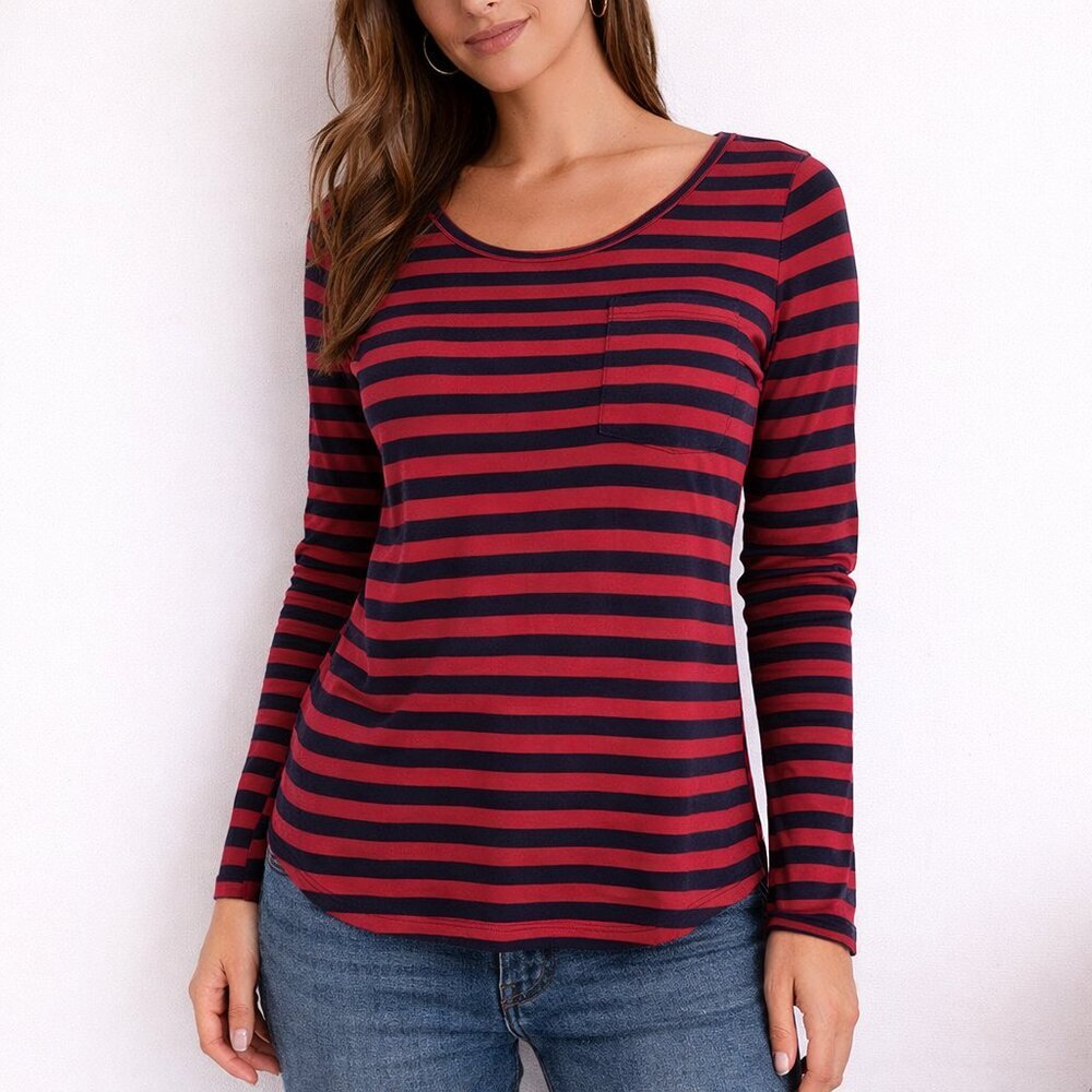 Anthro Postmark Striped Tunic XS Red Navy Long Sleeve High Low Pocket Tee